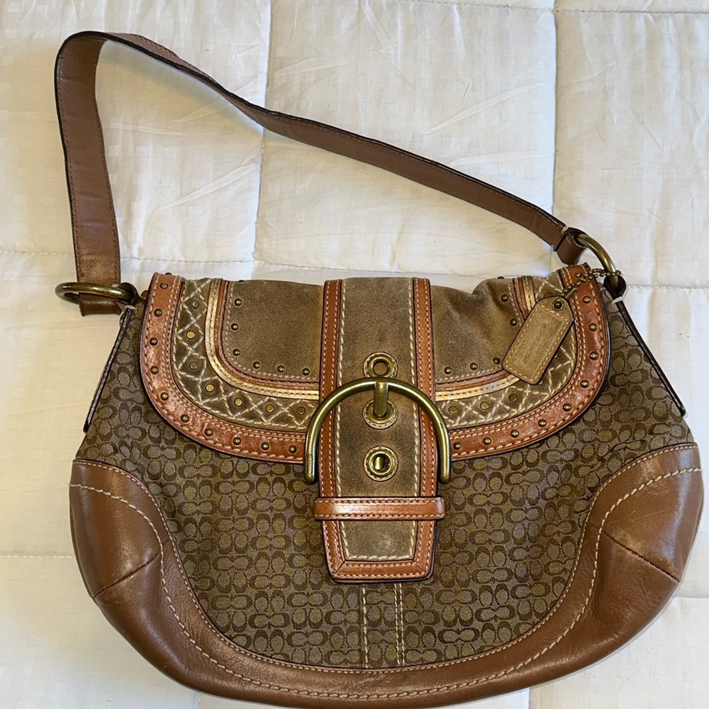 Coach Brown and Tan Signature Shoulder Bag with Leather Trim